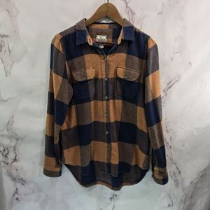Woolrich Shirt Womens Small Orange Blue Flannel Button Up Plaid Buffalo